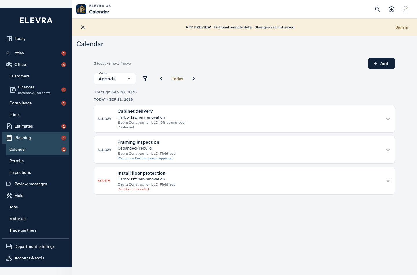 Current Elevra OS Calendar workspace using synthetic demonstration records