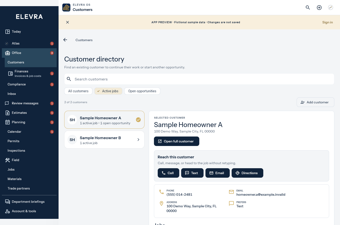 Current Elevra OS Customers workspace using synthetic demonstration records