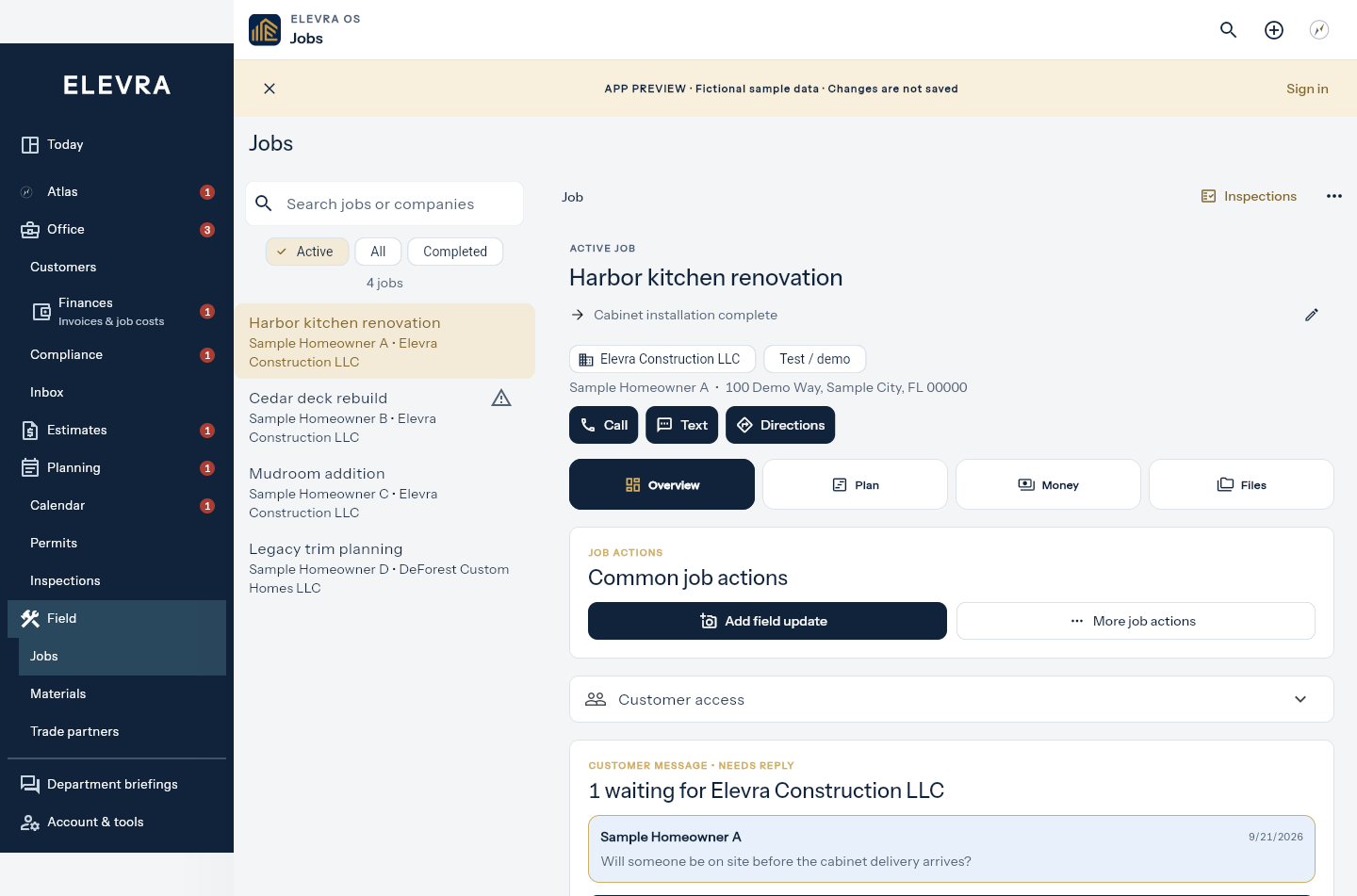 Current Elevra OS Jobs workspace using synthetic demonstration records